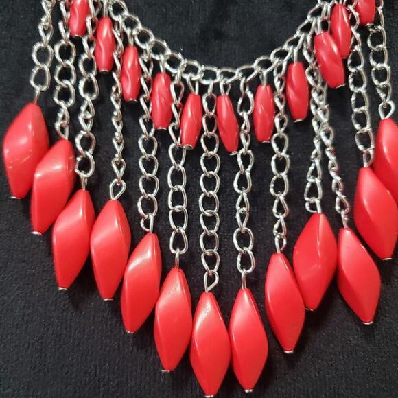 Womens Silver Chain Binge Red Stone Beaded Statement Necklace with Lobster Clasp - Picture 4 of 8